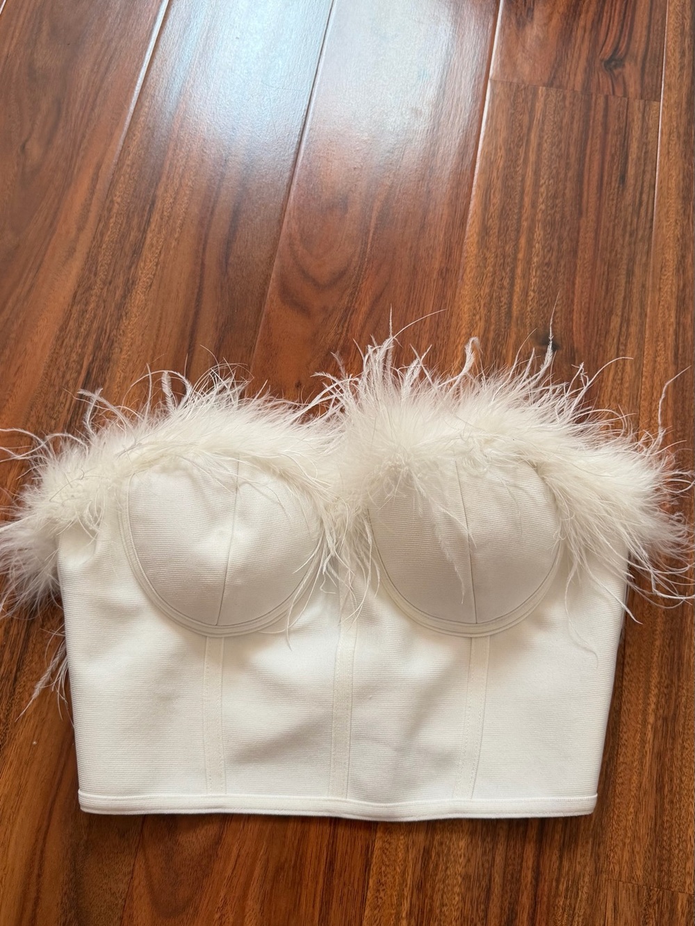 Revolve Superdown Ivory Feather-Trim Bustier Crop Top